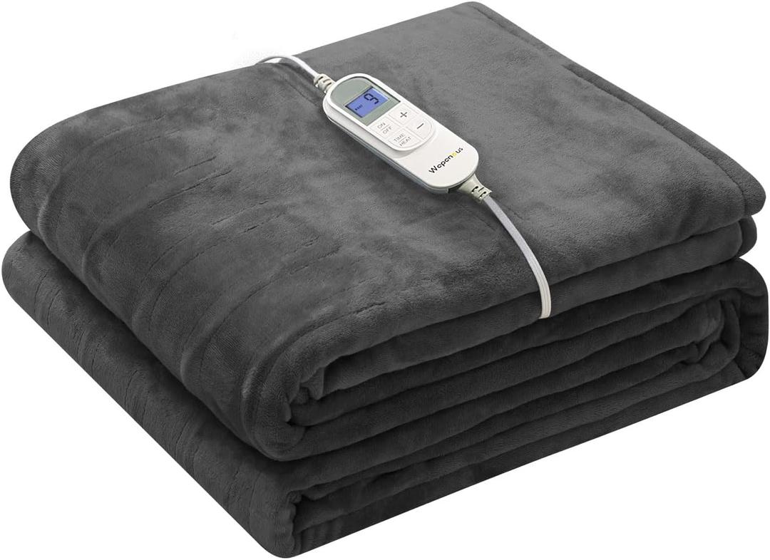 Wapaneus Heated Blanket Electric Throw 72" x 84" Full Size with 10 Heating Levels 12 Hours Time Setings and Auto-Shut Off, Flannel Fast-Heating Electric Blanket, Dark Grey