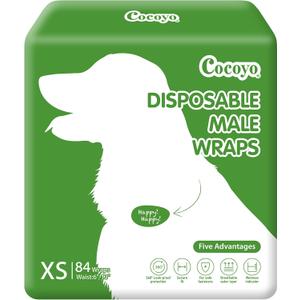 COCOYO Disposable Male Dog Wraps, Extra Small Size, 84 Count, Super Absorbent, Breathable, Wetness Indicator Green