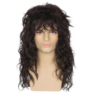 Mens Long Dark Brown Mullet Rocker Wig Eddie 80s Curly Wig Halloween Party Hair