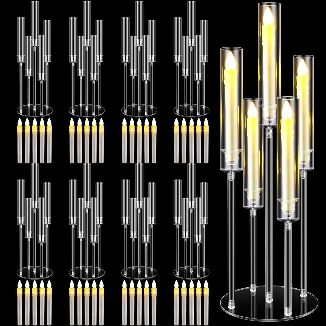 5 Arm Acrylic Clear Candelabra Centerpieces for Tables Candle Candelabra Candlesticks Holders with LED Candles and Shade for Wedding Party Fireplace Decoration(8 Sets)