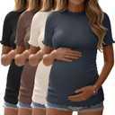 4 Pack Women's Maternity Shirt Short Sleeve Ribbed Knit Tunic Tops Crew Neck Pregnancy Side Ruched Casual Clothes (Charcoal Gray, Apricot, Brown, Black)