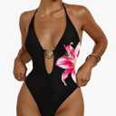 WDIRARA Women's One Piece Swimsuit Floral Deep V Neck Halter Monokini Sexy Cutout High Cut Bathing Suit, Large