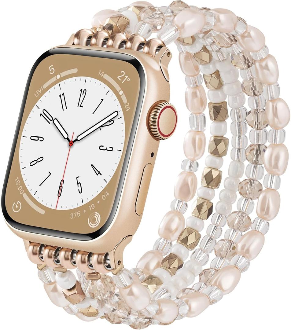 VISOOM Beaded Boho Bracelet For Apple Watch 10 Se(2nd Gen) Bands Women 42mm 41mm 40mm 38mm, Pearl Wrap For Cute Stretchy Fancy Apple iWatch iPhone Series 10 Se 9 8 7 6 5 4 3 2 1 Watch Straps Band (Champagne Gold)