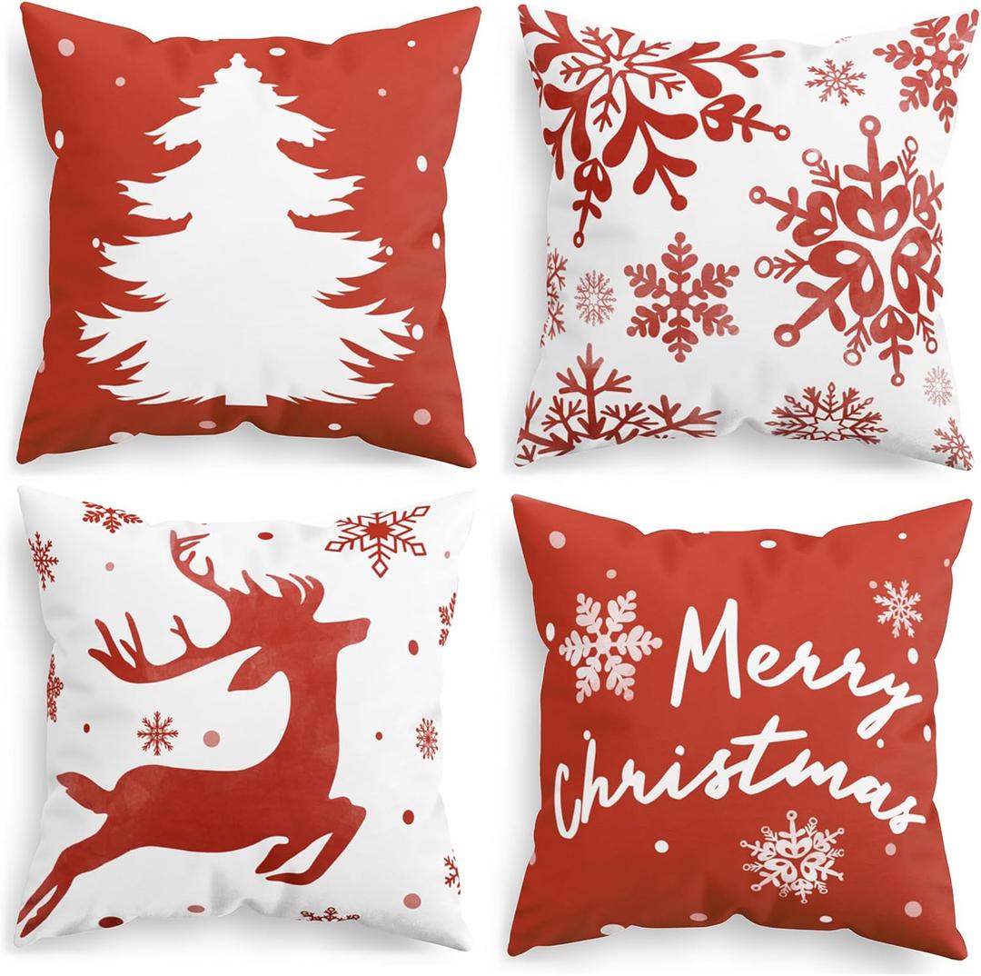 CaliTime Christmas Throw Pillow Covers Decorative 16 X 16 Inches Set of 4 Cozy Fleece Tree Deer Snowflakes Cushion Cases for Couch Sofa Bed Living Room Farmhouse Christmas Red