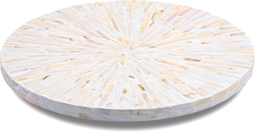 PEMAR Mother of Pearl Lazy Susan Table Top Spinning Tray Wood Decorative Turntable 360 Rotating Organiser for Kitchen, Cabinet, Spice Pantry, Counter 12.6" (White Cream Sunlight/Starburst Pattern)