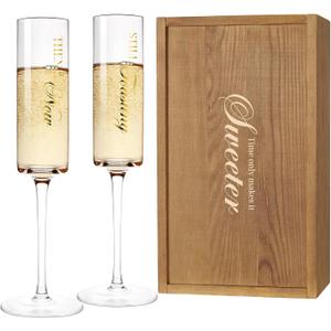 AW BRIDAL Anniversary Champagne Flutes Set of 2, Crystal Toasting Glasses with Wooden Keepsake Box, Couple Gifts for Married Couples, Parents, Wedding Anniversary Engagement Gifts (Then & NowBrown)