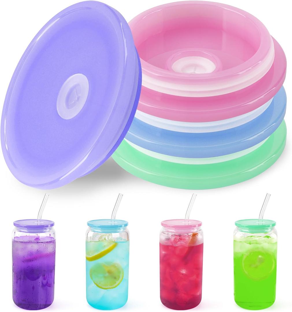  4 Pack Acrylic Lids for 16 oz /20 oz Glass Cups with Bamboo Lids and Straws Reusable Iced Coffee Cup Beer Can Drinking Glasses for Smoothie Whiskey Boba Soda Tea Gift (Candy Color)