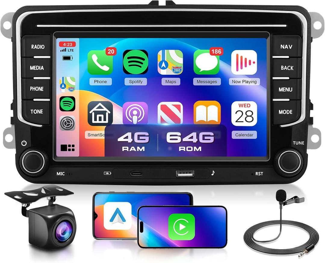 4G+64G Car Radio Stereo for VW Jetta Tiguan Golf Passat MK5 MK6 Seat, 7inch IPS Touch Screen/USB Type-C/Android 15/Wireless CarPlay/Android Auto/DSP/GPS/WiFi/5.0Bluetooth/FM/SWC/AHD Backup Camera