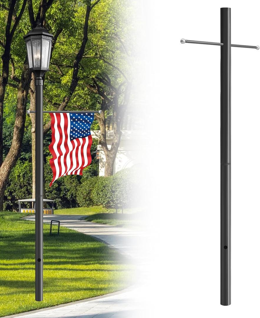 7FT Outdoor Lamp Post with Metal Cross Arm, Direct Burial Installation, 3" Fixture Compatible, Weatherproof for Driveway/Garden Lighting
