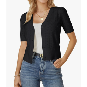 GRACE KARIN Cropped Cardigan Sweaters for Women Short Sleeve Crochet Knit Bolero Shrug V-Neck Button up Tops, Size L