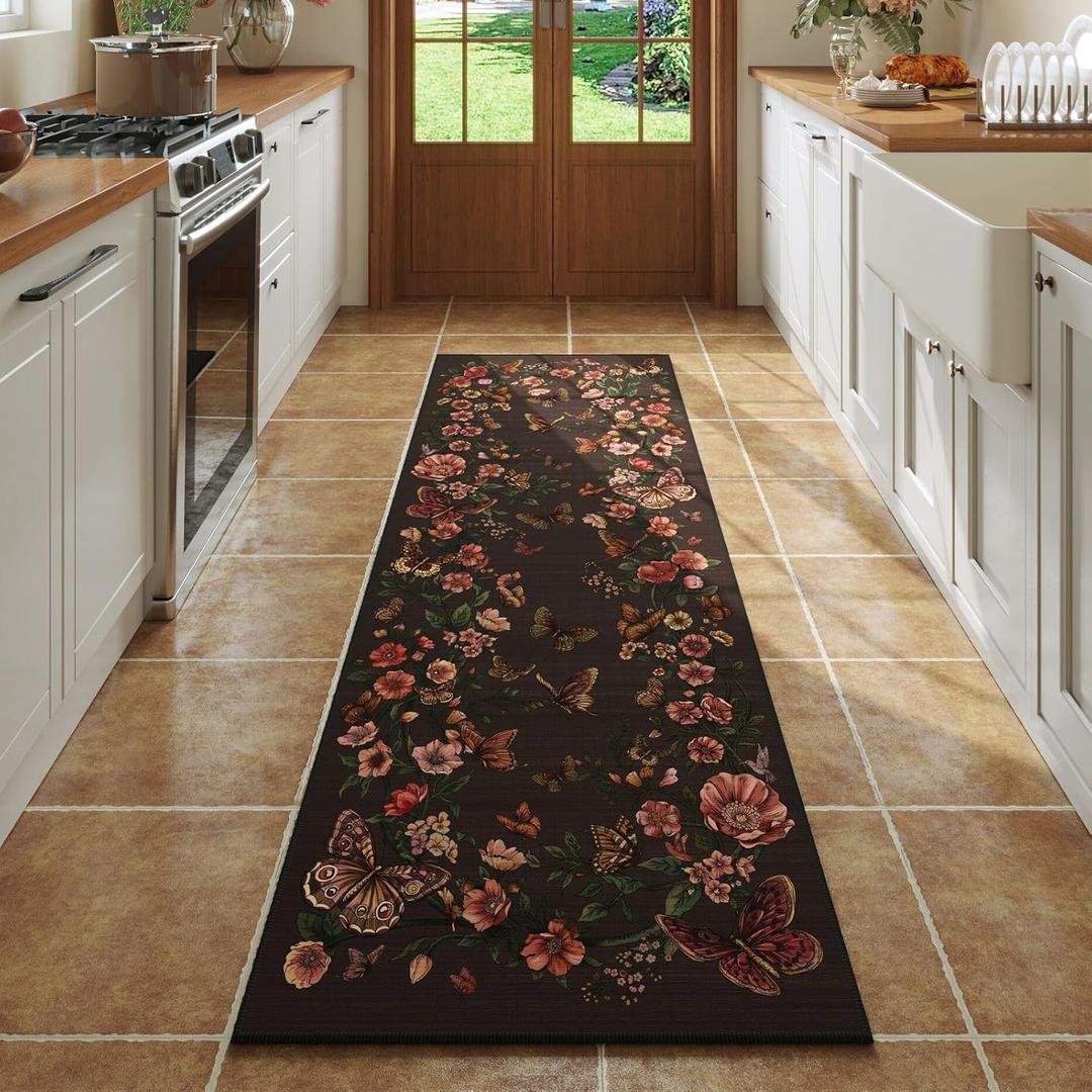 Rugcomf Runner Rug for Kitchen Rug Non Slip 2'6''x8' Washable Rugs with Rubber Backing Soft Floral Butterfly Carpet for Kitchen Laundry Bedroom Bathroom, Umbra Grey