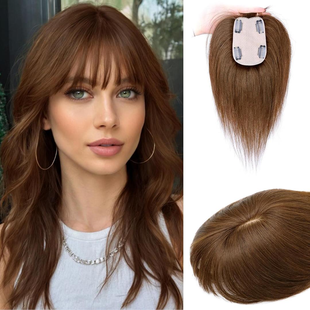 MOSINA Hair Toppers for Women Real Human Hair Toppers for Women with Thinning Hair 360Cover Human Hair Toppers with Bangs(Mediun Brown) (3D Bangs(8*11))