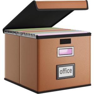 Huolewa Faux Leather File Organizer Box with Lid, Collapsible Hanging File Folder Box Organizer with Plastic Slides, Decorative Home/Office Filing System Boxes for File and Folder Storage