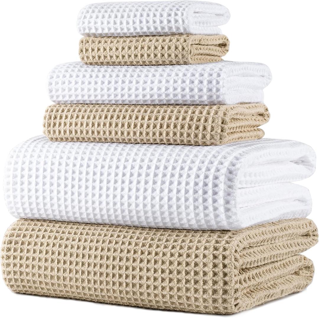 POLYTE 430 GSM Microfiber Quick Dry Lint Free Oversize Bath Towel Set, 6 Piece (Waffle Weave) (White,beige)