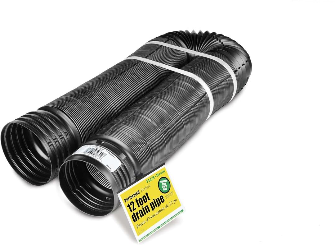 Flex-Drain 51910 Flexible/Expandable Landscaping Drain Pipe, Perforated, 4-Inch by 12-Feet , Black