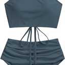 ZAFUL Women's Ruched High Waisted Tankini Swimsuit Criss Cross Bikini Set Tummy Control Bathing Suit (X-Large, Gray-320)