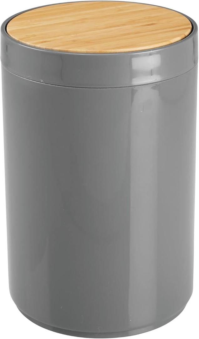 mDesign Plastic Round Trash Can Small Wastebasket  Garbage Bin Container with SwingClose Lid  Bathroom Garbage Basket  Holds Waste, Recycling  1.3 Gallon  Basa Collection  Gray/Natural