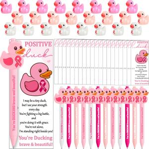 24 Sets Breast Cancer Awareness Gifts Breast Cancer Pens Bulk Pink Ribbon Ballpoint Pen with Inspirational Duck Supportive Greeting Cards Pink Ribbon Gifts for Women Survivor Party Supply