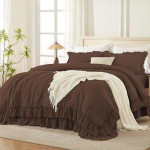Andency Brown California King Comforter Set (104x96Inch), 3 Pieces Farmhouse Shabby Chic Ruffle Bedding Comforter Sets, Lightweight Fluffy Soft All Season Bed Set