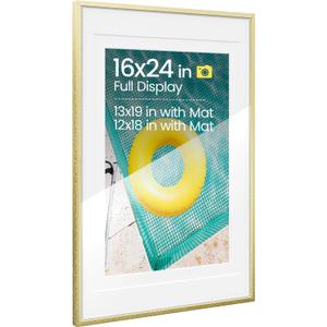 Heimlove Aluminum Metal 16x24 Picture Frames with Double Mat to Display 13x19 Picture and 12x18 Picture,Gold Picture Frames & Real Tempered Glass for Family Photo, Document to Hanging Wall Mounted, Single Gol