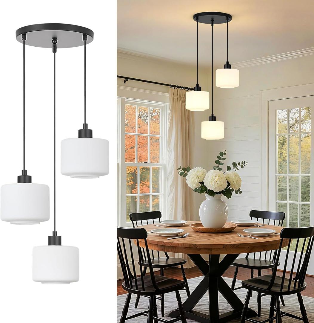 3-Light Pendant Lighting, Black Dining Room Chandelier Light Fixture Over Table with Milk Glass, Modern Cluster Hanging Lights for Kitchen Island Dining Room Sink, OS-YQ8153-3BKW