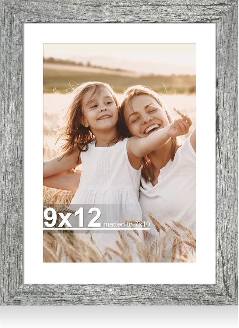 9x12 Picture Frame with Glass, Display Pictures 7x10 with Mat or 9 x 12 without Mat - Wall and Tabletop, 9 by 12 Photo Wooden Frames (Grey, 1 Pack)