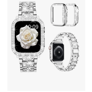 Compatible with Apple Watch Band 38mm 40mm 41mm 42mm 44mm 45mm 46mm 49mm with 2 Pack Case Women, Jewelry Replacement Metal Bands Strap with Bling PC Protective Case for iWatch Ultra SE Series 11/10/9/8/7/6/5/4/3/2/1