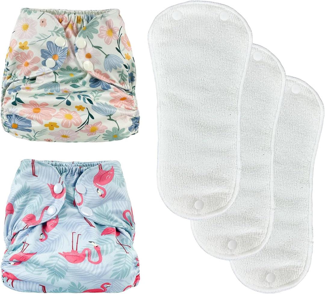 BISENKID 2 Pack Waterproof Cloth Diapers Rubber Pants for Toddlers - Adjustable Outer Shell with 3 Pack Absorbent Diaper Inserts to Prevent Urine Blowouts for Baby Girl, Size 1 (7-17Pound)