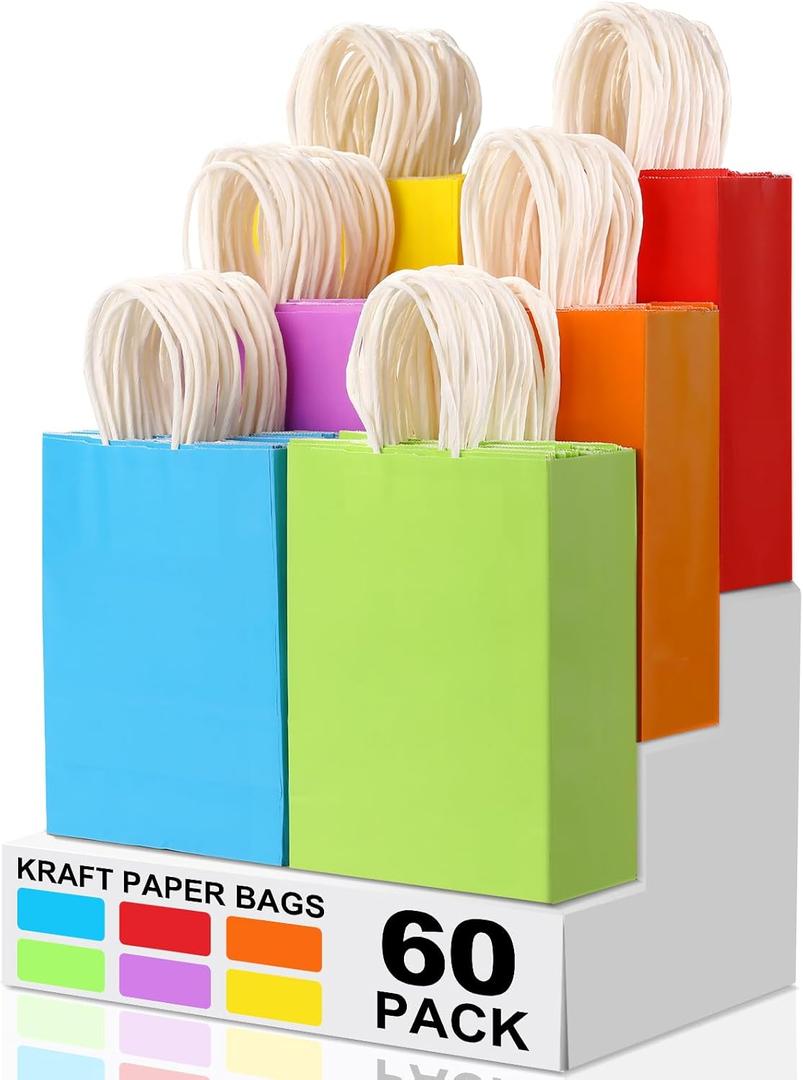 XPCARE 60Pcs Paper Gift Bags, 6.3"x3.15"x8.66" Kraft Paper Party Favor Bags Bulk Rainbow Goodie Bag Small Gift Bag with Handles for Kids Birthday Baby Shower Crafts Wedding Party Supplies (6 Colors)