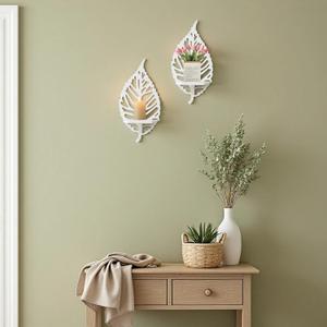 SOFE Wood White Candle Sconces Set of 2, Decorative Leaf Shaped Candle Shelf, Wall Candle Holder for Home, Wooden Shelf for Jars, Candles, Mini Planters, Farmhouse Wall Art