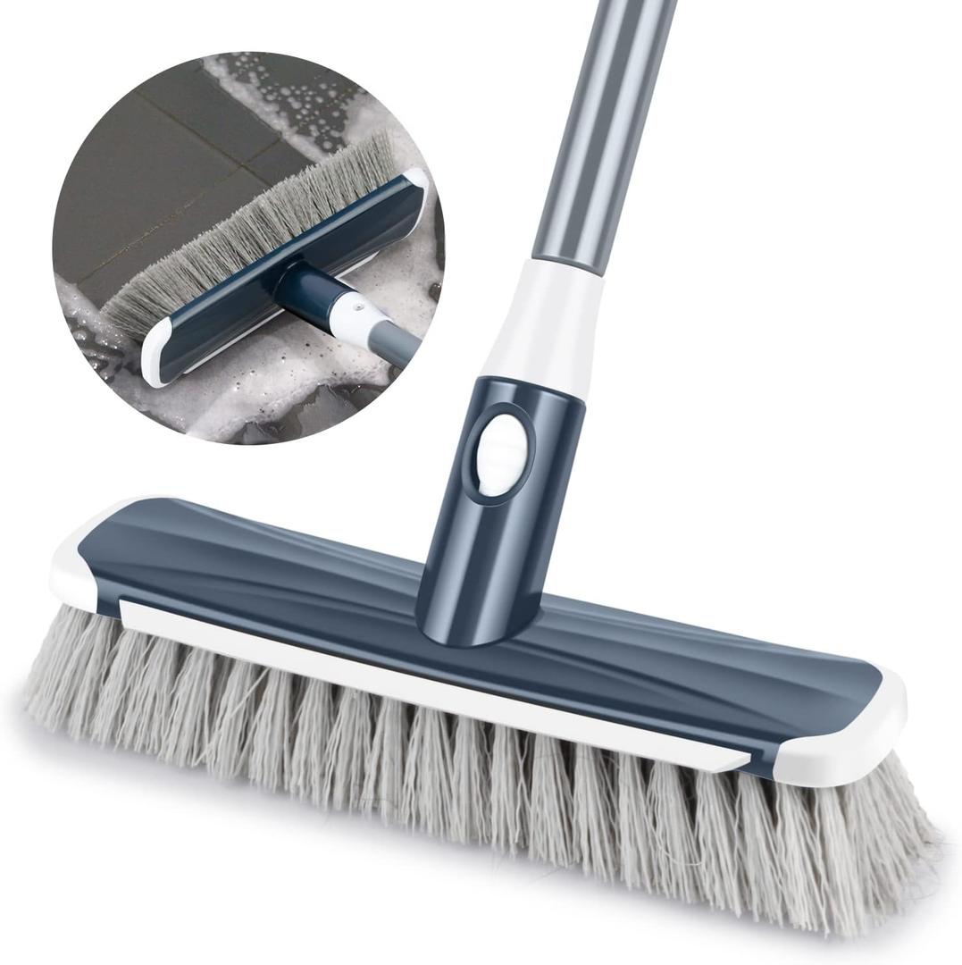Floor Scrubber with Long Handle, 2 in 1 Scrubbing Brush Stiff Bristle Shower Cleaning Brush for Bathroom, Kitchen, Tub, Carpet, Grout, Tile(Gray)