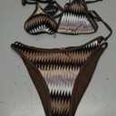 ZAFUL Bikini Sets for Women Dual Straps Wave Texture Cutout Color Block Triangle Swimsuits 2 Pieces Bathing Suits (Brown, S)