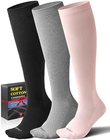 Soft Cotton Compression Socks for Women Men 20-30mmHg - Knee High Support for Circulation, Nurses, Pregnancy, Travel Size M/L