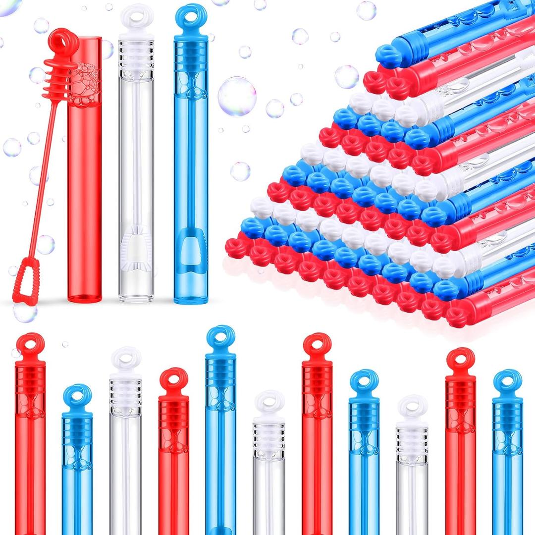 120 Pcs 4th of July Mini Bubble Wands Bulk Patriotic Red White Blue Bubbles Party Favors Independence Day Memorial Day Birthday Decorations Summer Outdoor Toys Gift Kids School Classroom Prizes