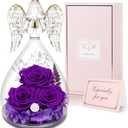 Yamonic Mom Birthday Gifts for Mom Women, Glass Angel Figurines with Three Real Rose Gifts for Grandma Mom Her, Preserved Flowers Rose Angel Gifts for Mothers Day Christmas Anniversary Birthday Gifts