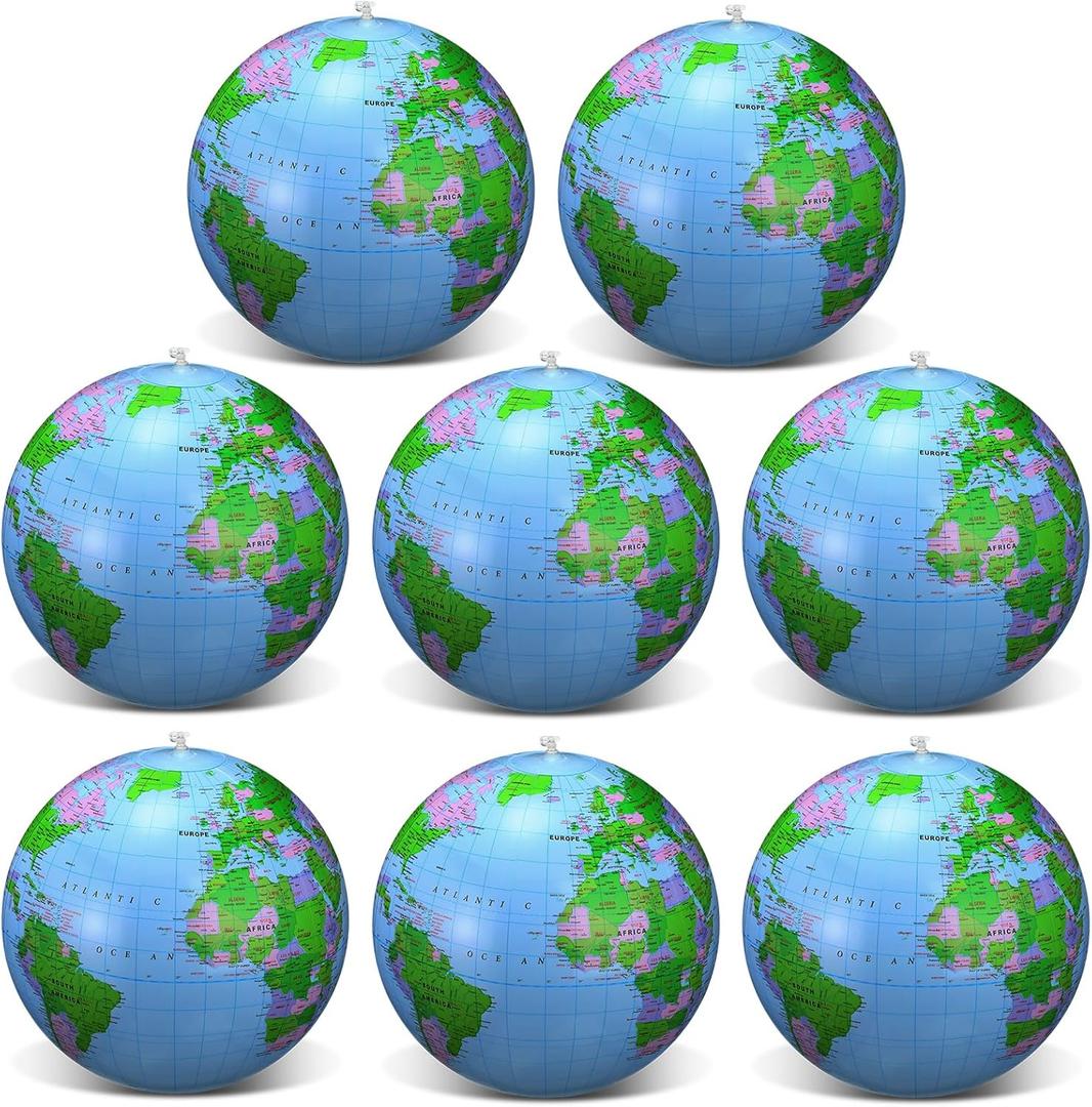 Pangda 8 Pack 16 Inch Inflatable Globe Blow up World Globe PVC Inflatable Earth Beach Ball for Playing or Teaching, Beach Ball for Kids Party Bags Summer Pool
