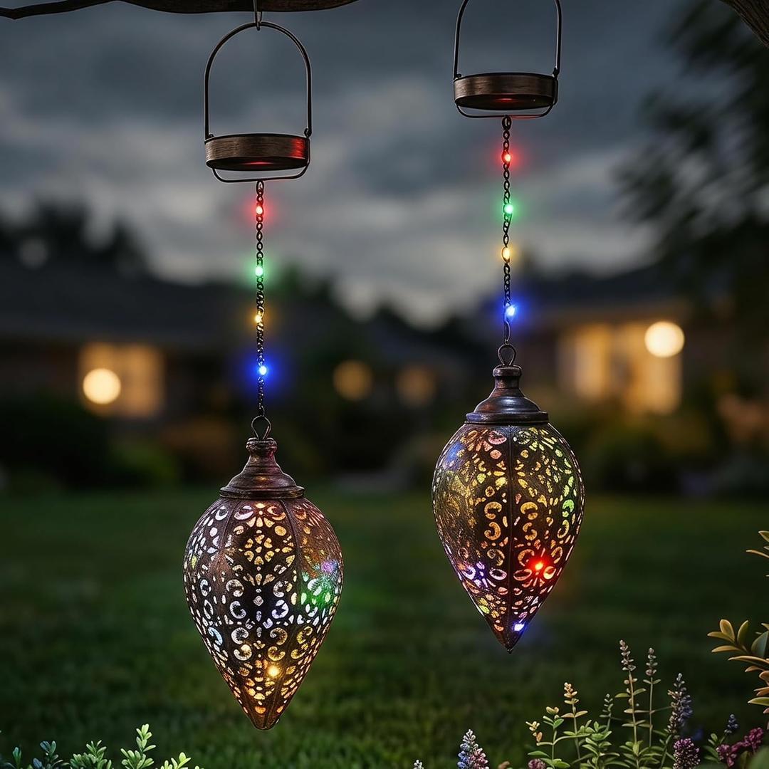 Outdoor Solar Lantern Solar Lights Outdoor Colorful LED Lanterns Powered Waterproof Garden Lanterns Retro Metal Lights with Handle for Garden Patio Yard Decor, 2 Pack Brown
