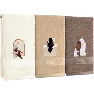 3 Pcs African American Woman Hand Towels for Bathroom African Black Girl Bathroom Decor Brown Decorative Farmhouse 100% Cotton Embroidered Kitchen Towels, 13.3 x 29.5''