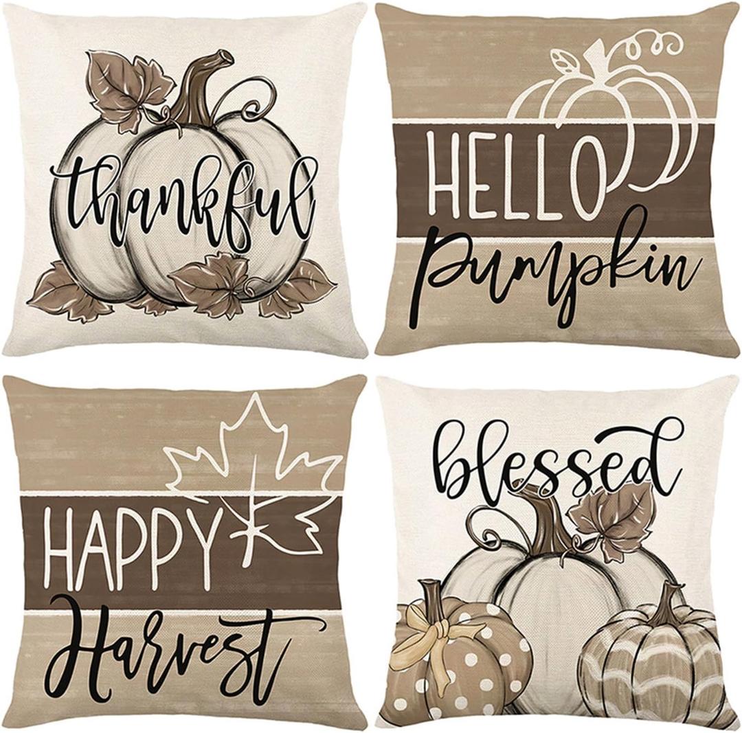 Fall Pillow Covers 18x18 Set of 4 Linen Vintage Floral Pillow Covers Pumpkin Decorative for Couch Bed Farmhouse Decorations for Home Gray Pillow Cover