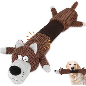 Squeaky Dog Toys with Crinkle Paper, Tough Puppy Toys and Plush Dog Chew Toy, Interactive Tug of War Dog Toy for Small, Medium and Large Breed Dogs (Brown)