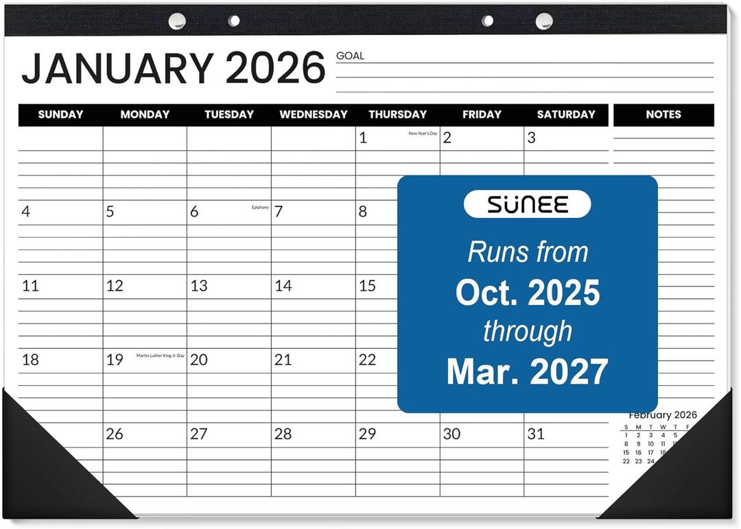 SUNEE Desk Calendar 2026, 18 Months from Oct. 2025 to Mar. 2027, 17"x12" Academic Calendar 2026 for Home, School, or Office - 2026 Monthly Calendar with Note, Black