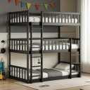 Twin Over Twin Over Twin Wood Bunkbeds with Ladder & Guardrails, Triple Bunk Bed w/Detachable Bunk Bed for Dorm, Bedroom,Guest Room,No Box Spring Needed,Easy Assembly, Black