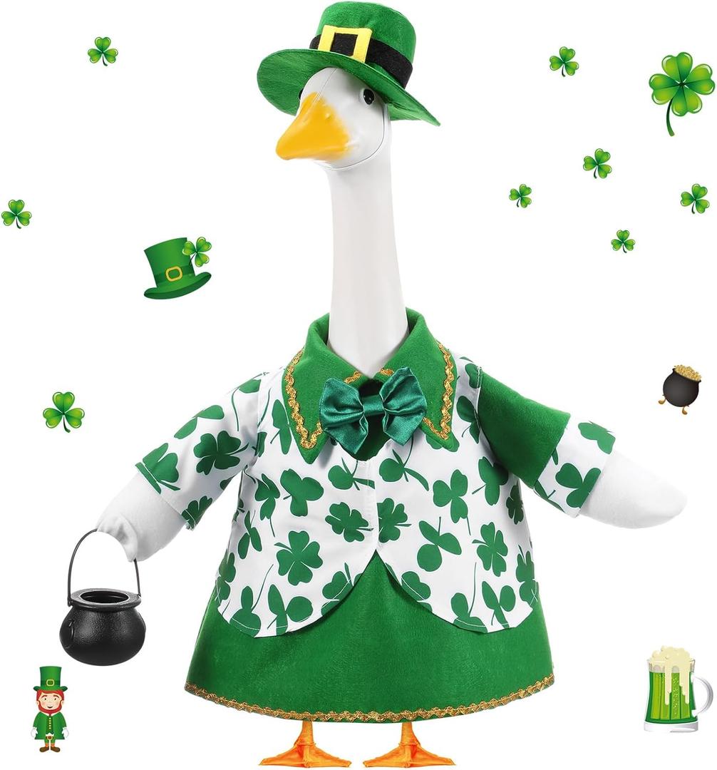 FuWeave St Patrick's Day Shamrock Goose Outfit Lawn Porch Goose Clothes for 23" St Patricks Day Shamrock Outdoor Patio Yard Lawn Art Decoration (Cute)