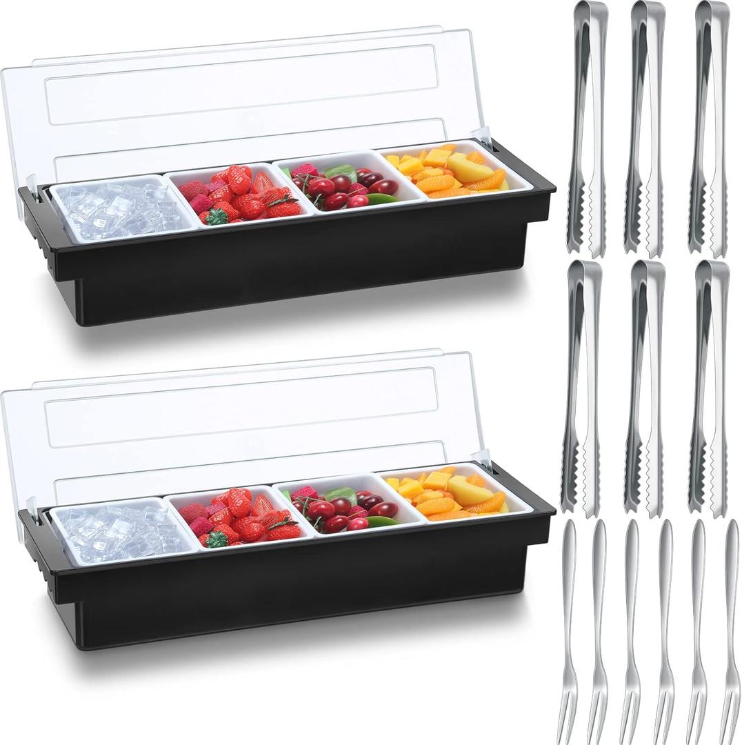 2 Ice Cooled Garnish Tray Deck Bar Garnish Caddy Condiment Containers with Lids and Removable Chilled Condiment Server with 6 Tongs and 6 Fruit Forks (4 Compartments)