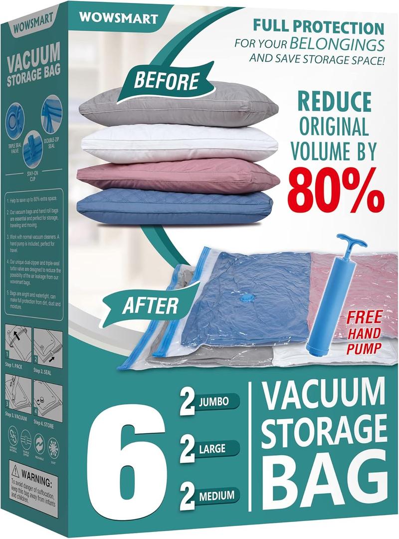 6 Pack Vacuum Storage Bags with Hand Pump, 80% Space Saver Vacuum Seal Storage Bags for Clothing, Travel Lugggage, Blankets, Comforters