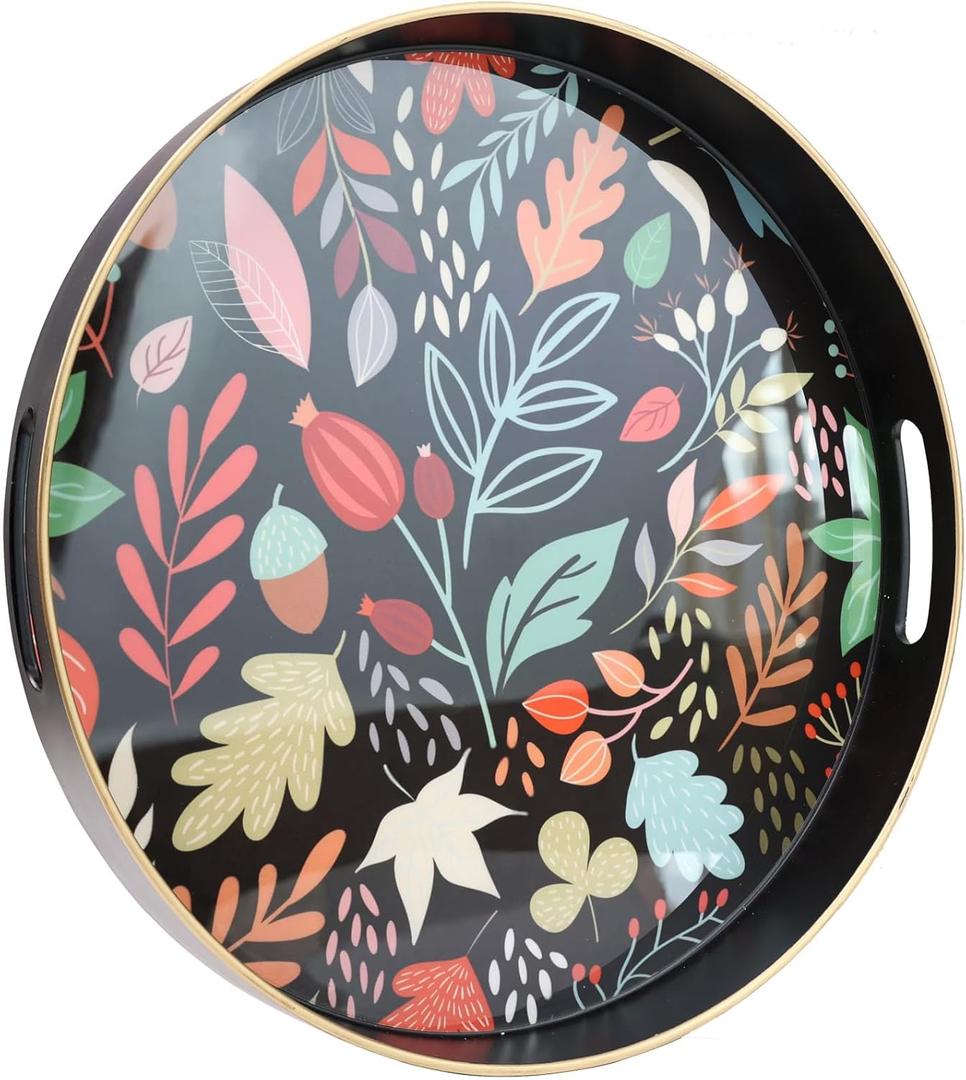 Round Serving Tray with Handles, Coffee Table Tray for Ottoman, Living Room, Outdoor Tray for Patio Entertaining, Serving Breakfast Kitchen Platter 