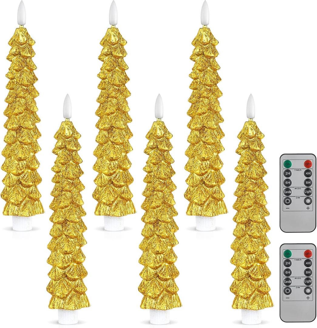 Funtery 6 Pcs LED Christmas Tree Flameless Taper Candles Real Wax Battery Operated Candlestick Lights with 3D Flame and Remote Timer Window Fireplace(Gold,Christmas Tree)