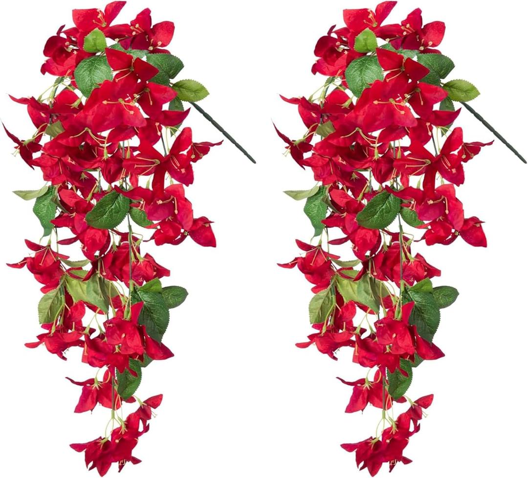 Artificial Bougainvillea Faux Flowers Plants for Outdoor Outside Summer Decoration, 2PCS Hanging Fake Silk Long Vines Trailing UV Resistant Realistic for Home Porch Patio Balcony Yard, Red