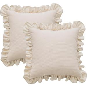 Waffle Weave Textured Throw Pillow Covers Set of 2 with Washed Cotton Retro Ruffle Flounces Trim Solid Decorative Pillow Cases for Home Livingroom and Bedroom Decor 18x18 Inch (Beige, 18x18 in)