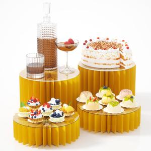 HeiMma 4 Pack Buffet Risers, Foldable Accordion Food Display Risers with Acrylic Disc, Dessert Table Display Set, Cardboard Paper Cupcake Cake Stand for Party Cylinder Stands for Parties Drink Collectibles Jewelry Figures, Multi-height, Yellow Gold